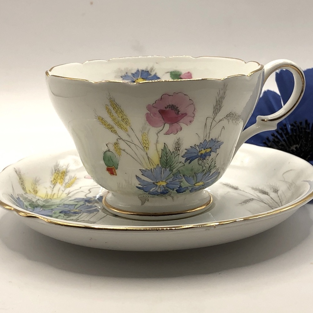 1945-1966 Shelley 20136 Fine Bone China Teacup & Saucer, Scalloped, Wildflowers